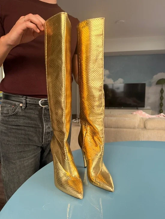 INCREDIBLE SAINT LAURENT - Gold Metallic Knee-High Stiletto Boots - Picture 3 of 5